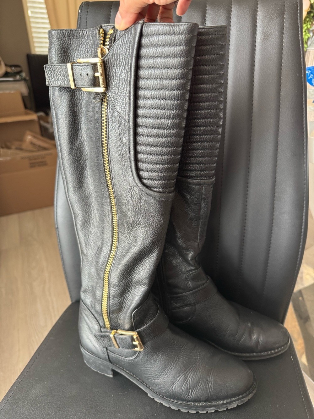 Vince Camuto Black Over-the-Knee Leather Boots with Gold Hardware
